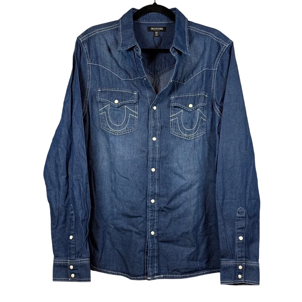 NWOT TRUE RELIGION, Men's Chambray Western Shirt, Pearl Snap, Size Medium